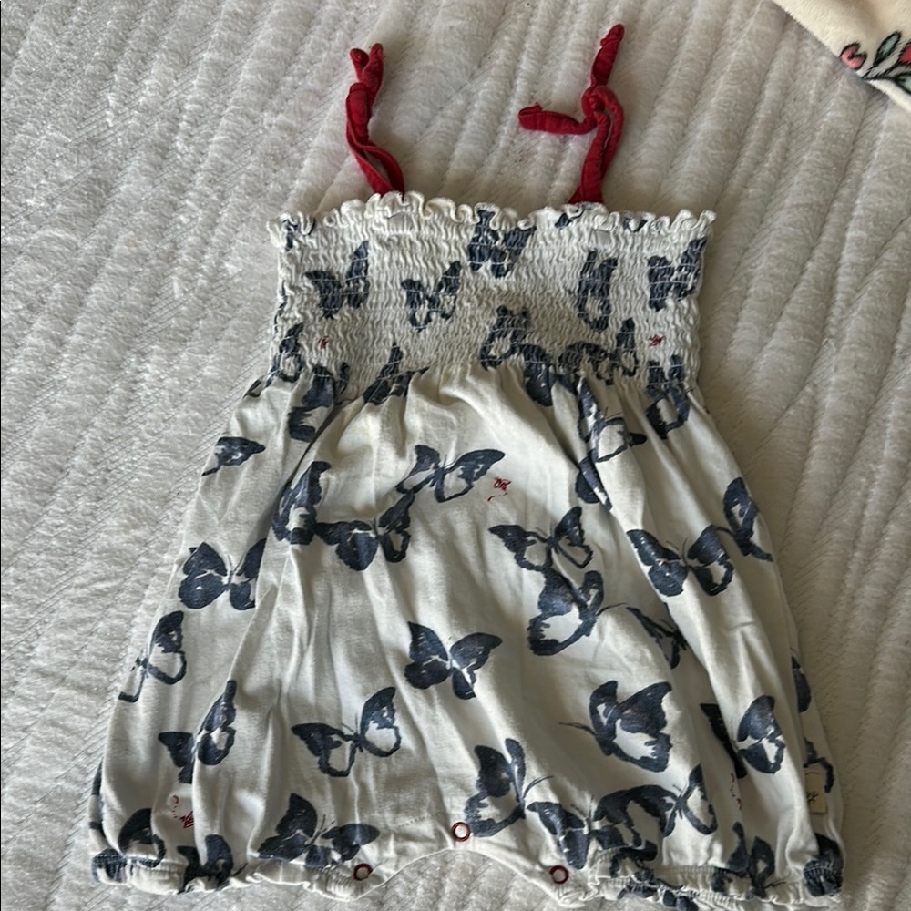 Butterfly Print Dress with Red Straps